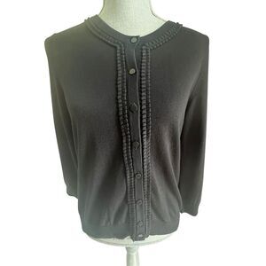 Talbots Ruffle Trim Cardigan Sweater Womens MP Black Button Up Cotton Blend